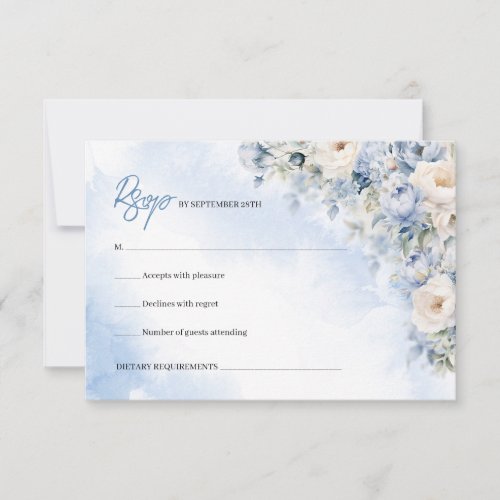 Boho Elegant winter dusty blue and ivory flowers  RSVP Card