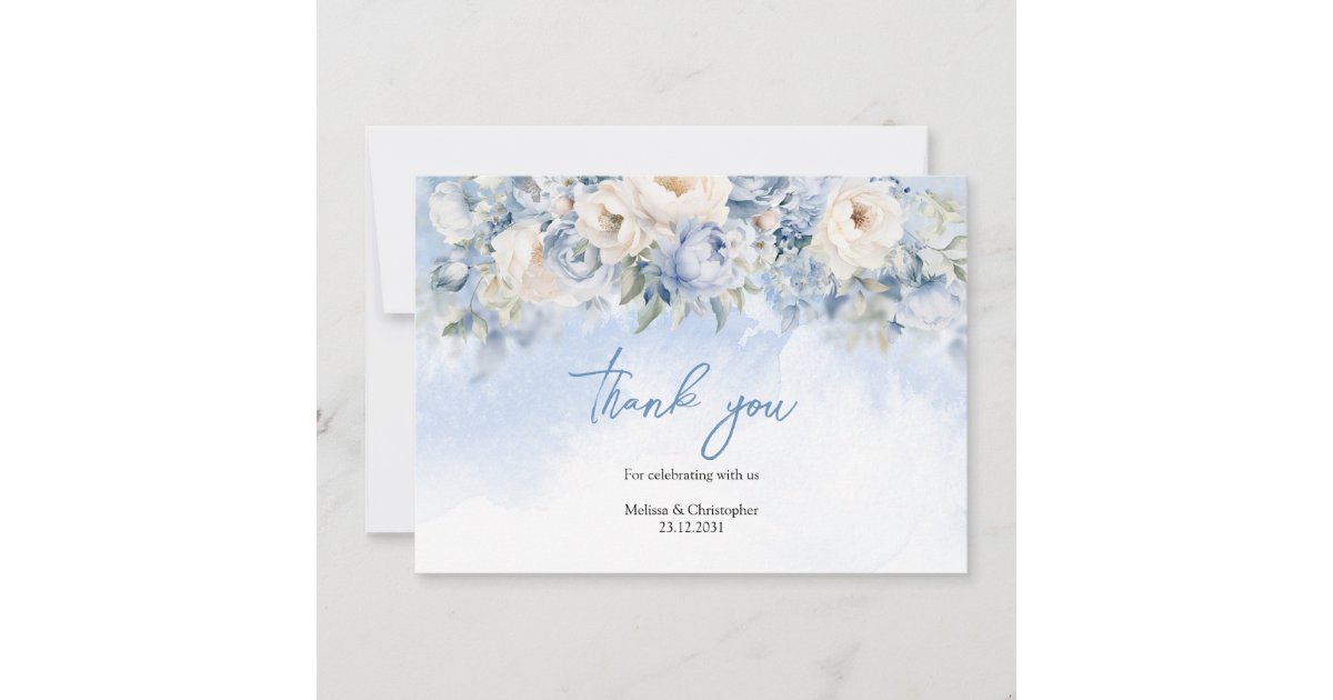 Boho Elegant winter dusty blue and ivory flowers Thank You Card | Zazzle