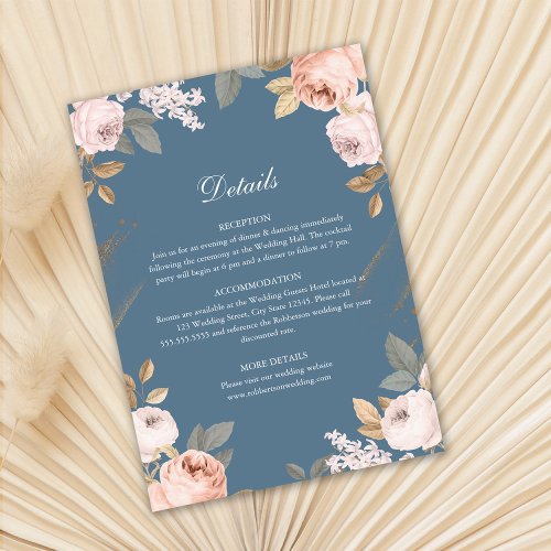 Boho Elemental Blue Peonies Wedding Details Card