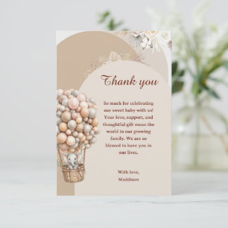 Boho Elephant Air Balloon Neutral Baby Shower Thank You Card