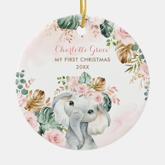 Boho Elephant Baby 1st Christmas Blush Pink Flower Ceramic Ornament (Front)