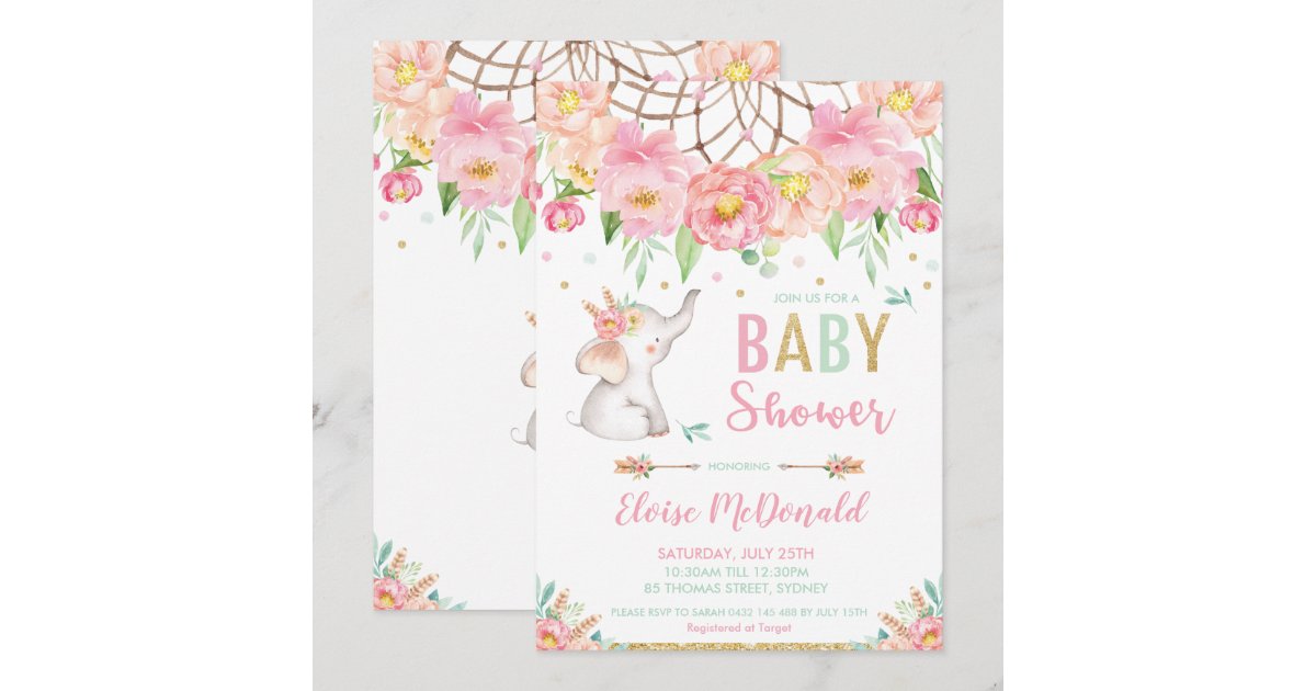 Boho Elephant Baby Shower Girl Pink Mint Floral Invitation | Zazzle