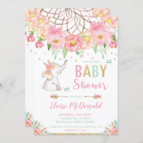 Boho Elephant Baby Shower Girl Pink Mint Floral Invitation
