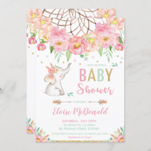 Boho Elephant Baby Shower Girl Pink Mint Floral Invitation