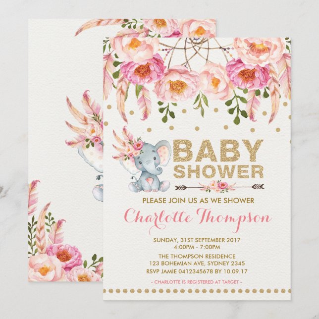 Boho Elephant Baby Shower Invitation Pink Gold (Front/Back)
