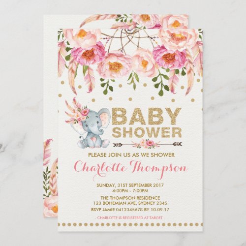 Boho Elephant Baby Shower Invitation Pink Gold