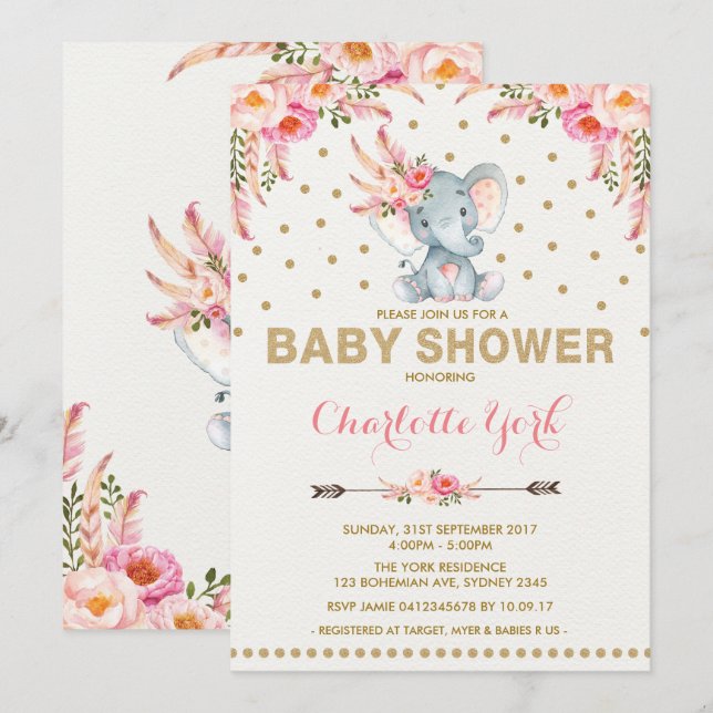 Boho Elephant Baby Shower Invite Pink Gold Jungle (Front/Back)