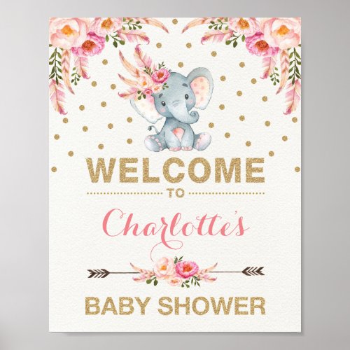 Boho Elephant Baby Shower Pink Gold Welcome Sign