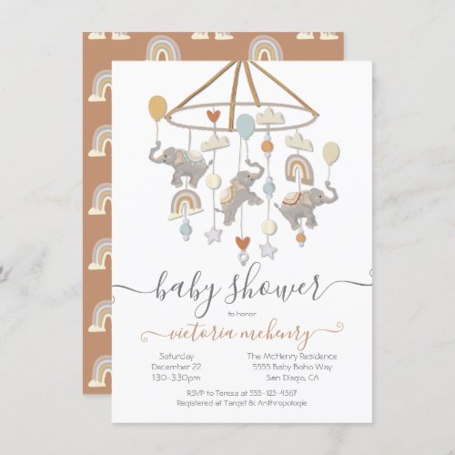 Boho Elephant Balloons Mobile Baby Shower Invitation