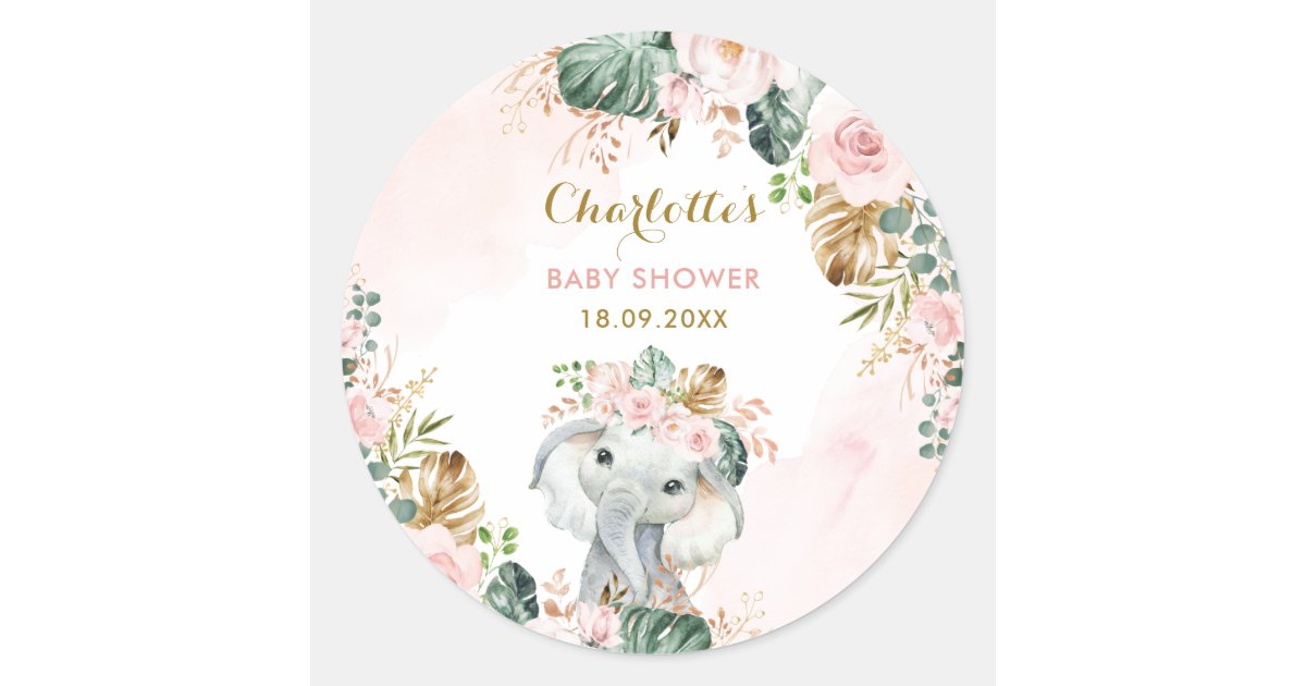 Boho Elephant Blush Pink Floral Jungle Baby Girl Classic Round Sticker ...