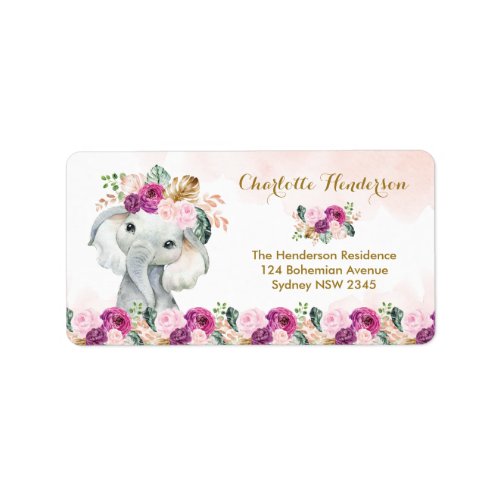 Boho Elephant Blush Purple Floral Wild Animal Label