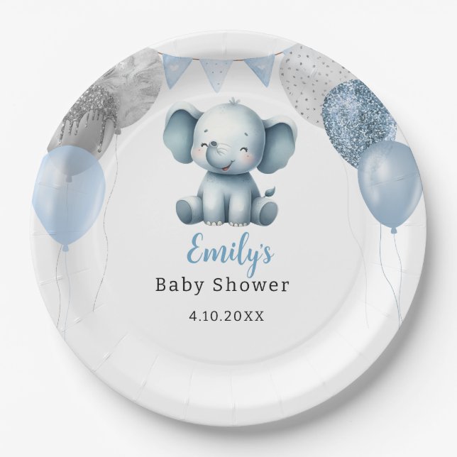 Boho Elephant Boy Balloons Baby Shower  Paper Plates (Front)