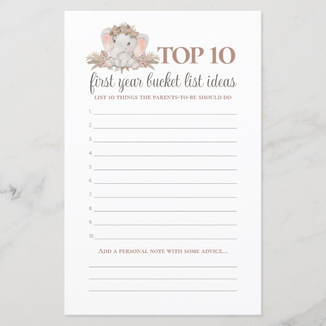 Boho Elephant Bucket List Baby Shower Game (Front)