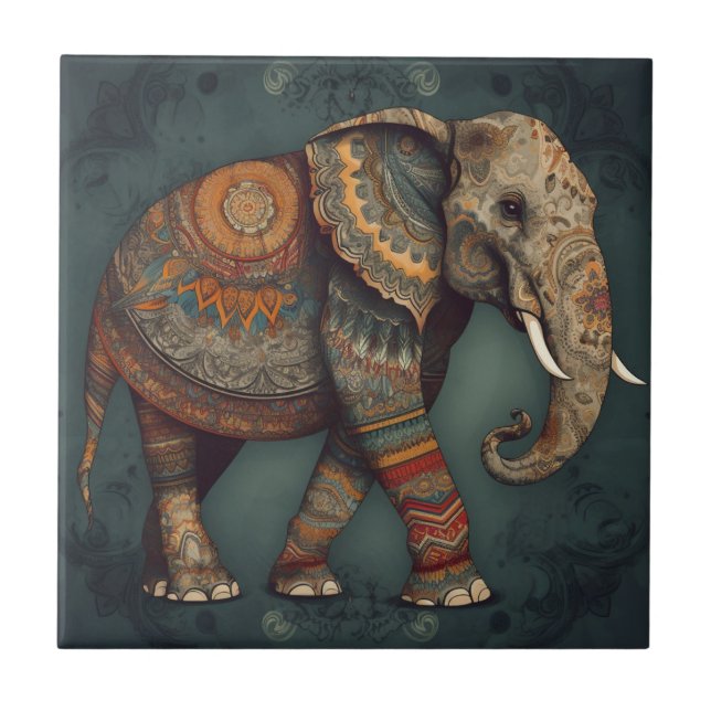 Boho Elephant Ceramic Tile with Ornate Decorations (Front)