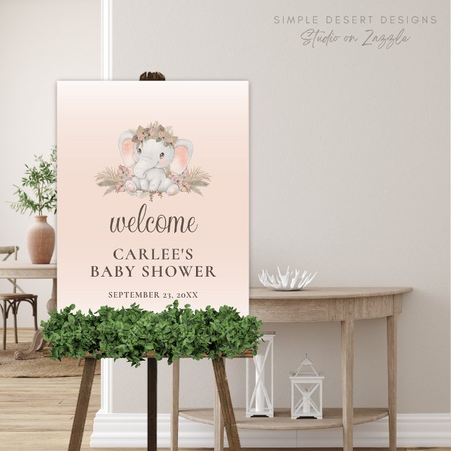 Boho Elephant Floral Baby Shower Welcome Sign (Cute Elephant Gender Neutral Boho Baby Shower Welcome Sign with Floral Pampas Grass)