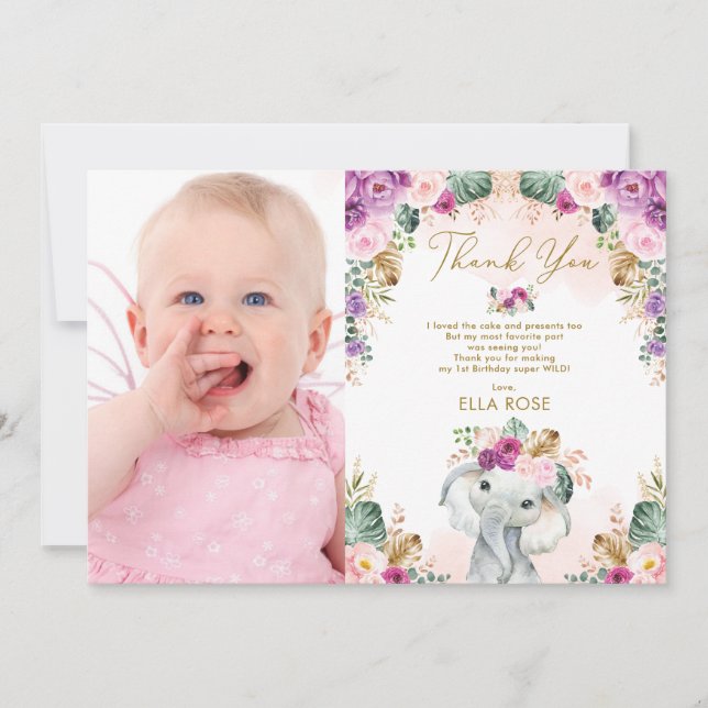Boho Elephant Girl Pink Purple Floral Birthday Thank You Card (Front)