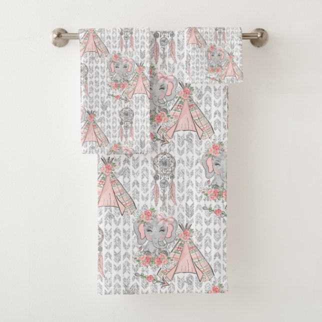 Boho elephant lovers tiled bath towel set (Insitu)