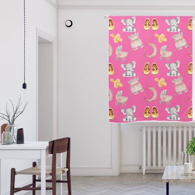 Boho Elephant Moon Buggy Bright Pink Girl Nursery Blackout Curtains (Living Room)