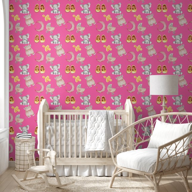 Boho Elephant Moon Buggy Bright Pink Girl Nursery Wallpaper (Kids)
