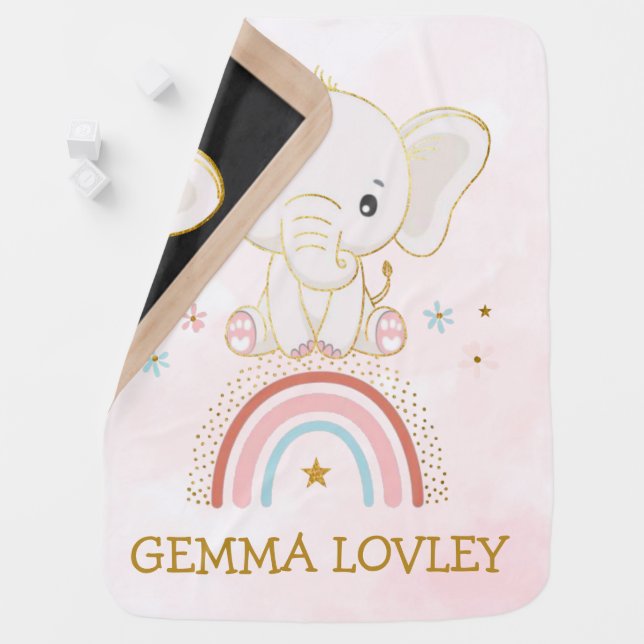 Boho Elephant On a Rainbow Gold Custom Baby Blanket (In Situ)