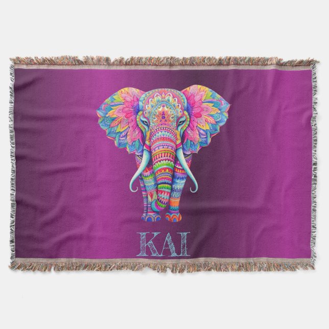 Boho Elephant - Personalized Mandala Design Throw Blanket (Front)