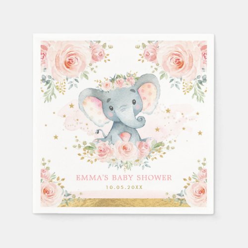 Boho Elephant Pink Blush Floral Baby Girl Shower Napkins