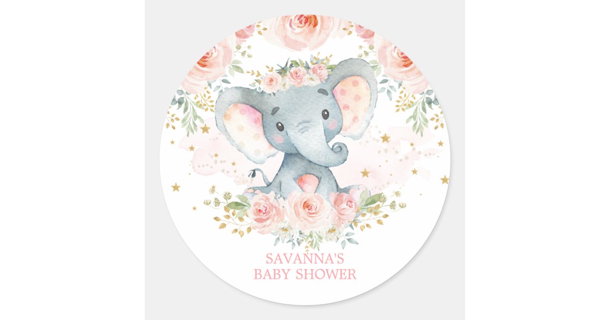 Boho Elephant Pink Floral Baby Girl Classic Round Sticker | Zazzle