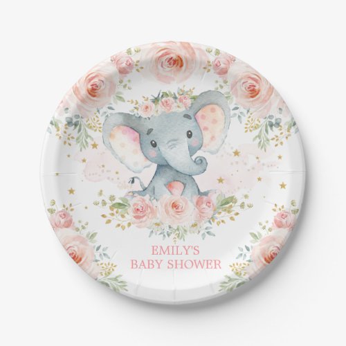 Boho Elephant Pink Floral Baby Girl Shower Favors Paper Plates