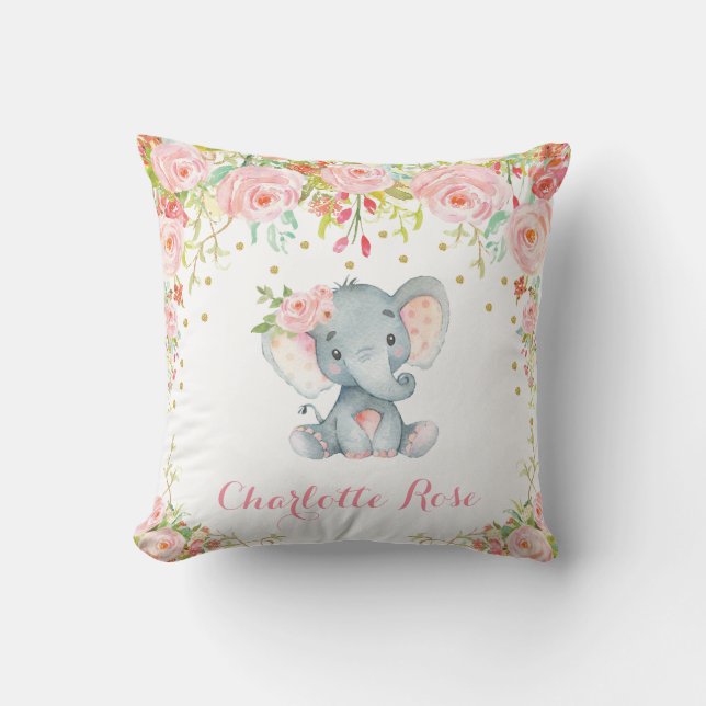 Boho Elephant Pink Gold Baby Girl Nursery Decor Throw Pillow (Front)