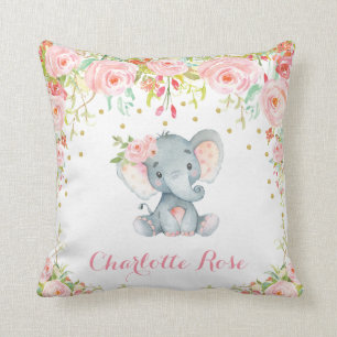 Boho Elephant Pink Gold Baby Girl Nursery Decor Throw Pillow