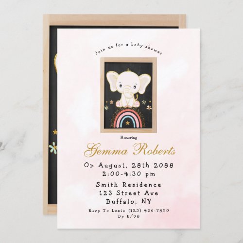 Boho Elephant Sitting on Rainbow Girl Baby Shower Invitation