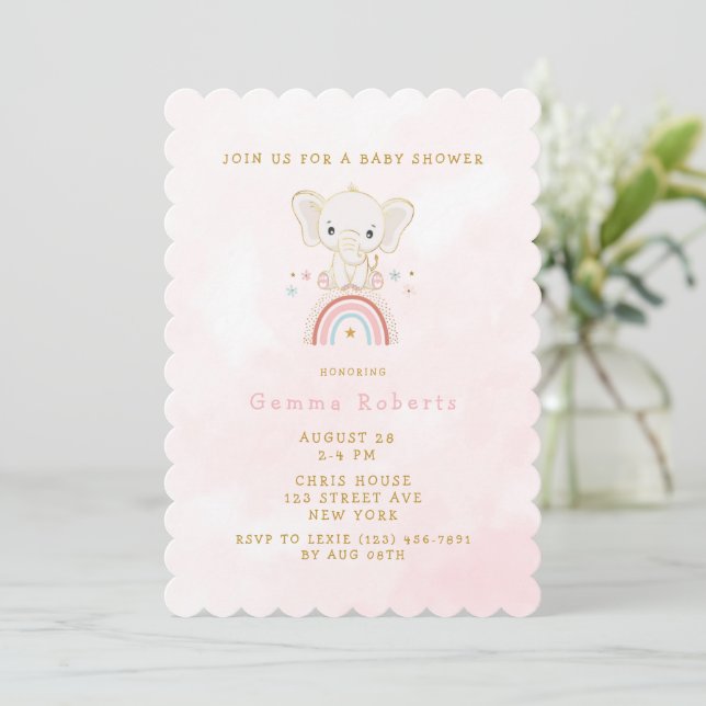 Boho Elephant Sitting On Rainbow Girl Baby Shower Invitation (Standing Front)