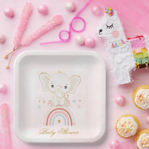 Boho Elephant Sitting On Rainbow Girl Baby Shower  Paper Plates
