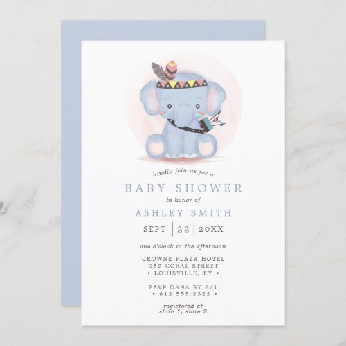 Boho Elephant Tribal Watercolor Animal Baby Shower Invitation