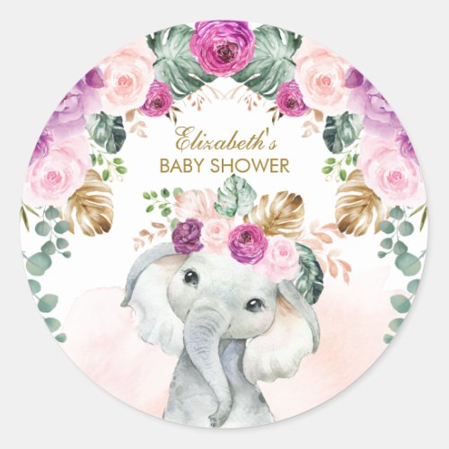 Boho Elephant Tropical Blush Purple Floral Girl Classic Round Sticker