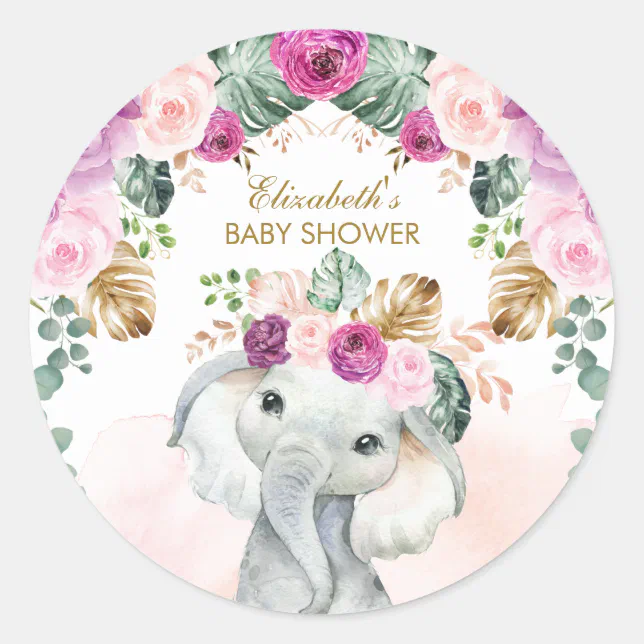 Boho Elephant Tropical Blush Purple Floral Girl Classic Round Sticker ...