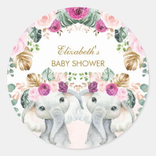 Boho Elephant Twins Tropical Blush Purple Floral Classic Round Sticker