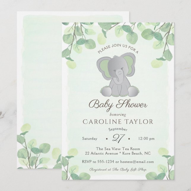 Boho Elephant Watercolor Greenery Baby Shower Invitation (Front/Back)