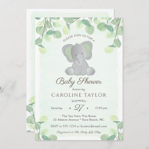 Boho Elephant Watercolor Greenery Baby Shower Invitation