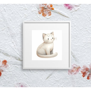 Boho Embroidered Beige Cat Poster Neutral Kitty