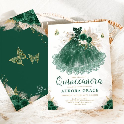 Boho Emerald Floral Quinceaera Princess Dress Invitation