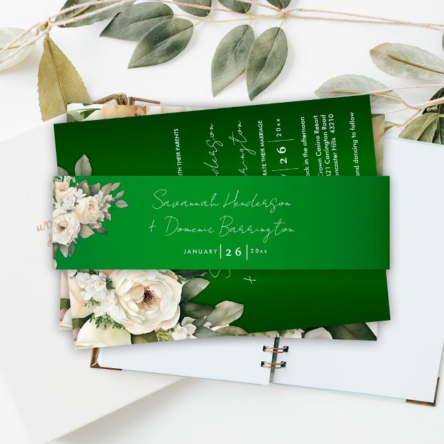 Boho Emerald Green Floral Wedding  Invitation Belly Band (Creator Uploaded)