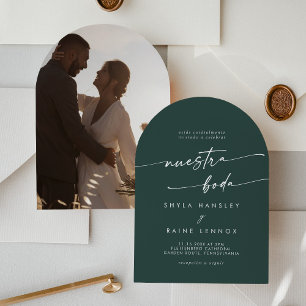 Boho Emerald Green Photo Arch Spanish Wedding Invitation