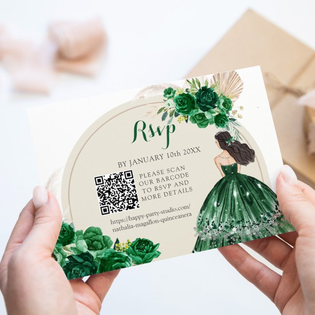 Boho Emerald Green Princess Quinceañera QR RSVP Card (Creator Uploaded)