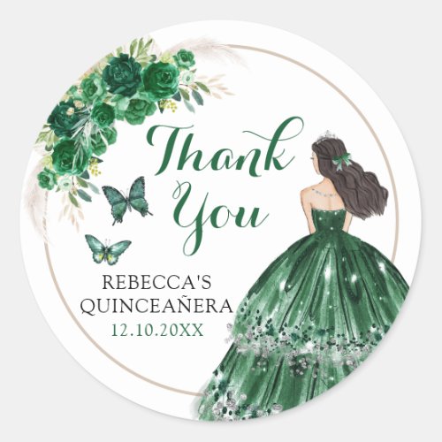 Boho Emerald Green Quinceaera Thank You Classic Round Sticker