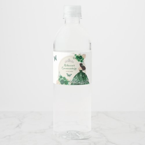Boho Emerald Green Quinceaera Water Bottle Label