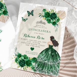 Boho Emerald Green Roses Princesa Quinceañera Invitation