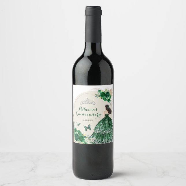 Boho Emerald Green Roses Princesa Quinceañera Wine Label (Front)