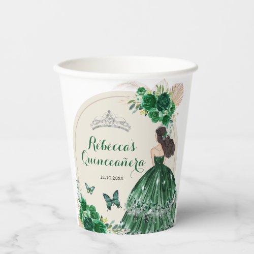 Boho Emerald Green Roses Princess Quinceaera Paper Cups