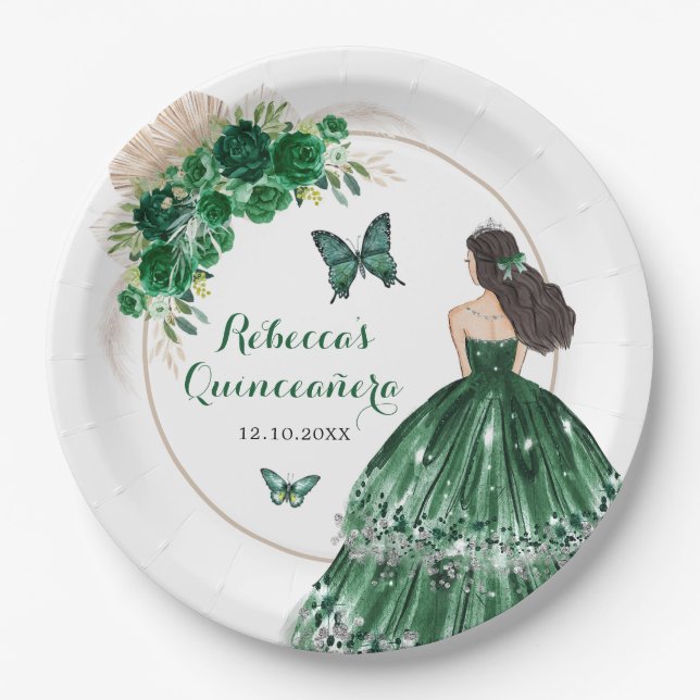 Boho Emerald Green Roses Princess Quinceañera Paper Plates (Front)